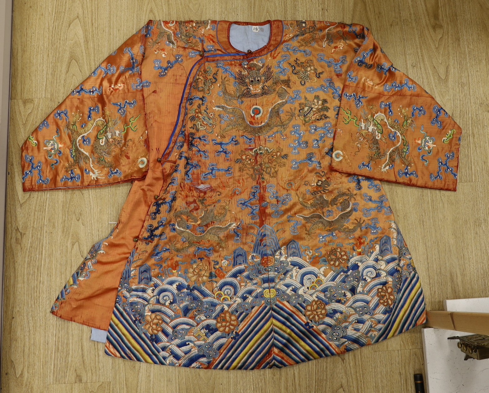 A Chinese embroidered silk dragon robe, late Qing Dynasty